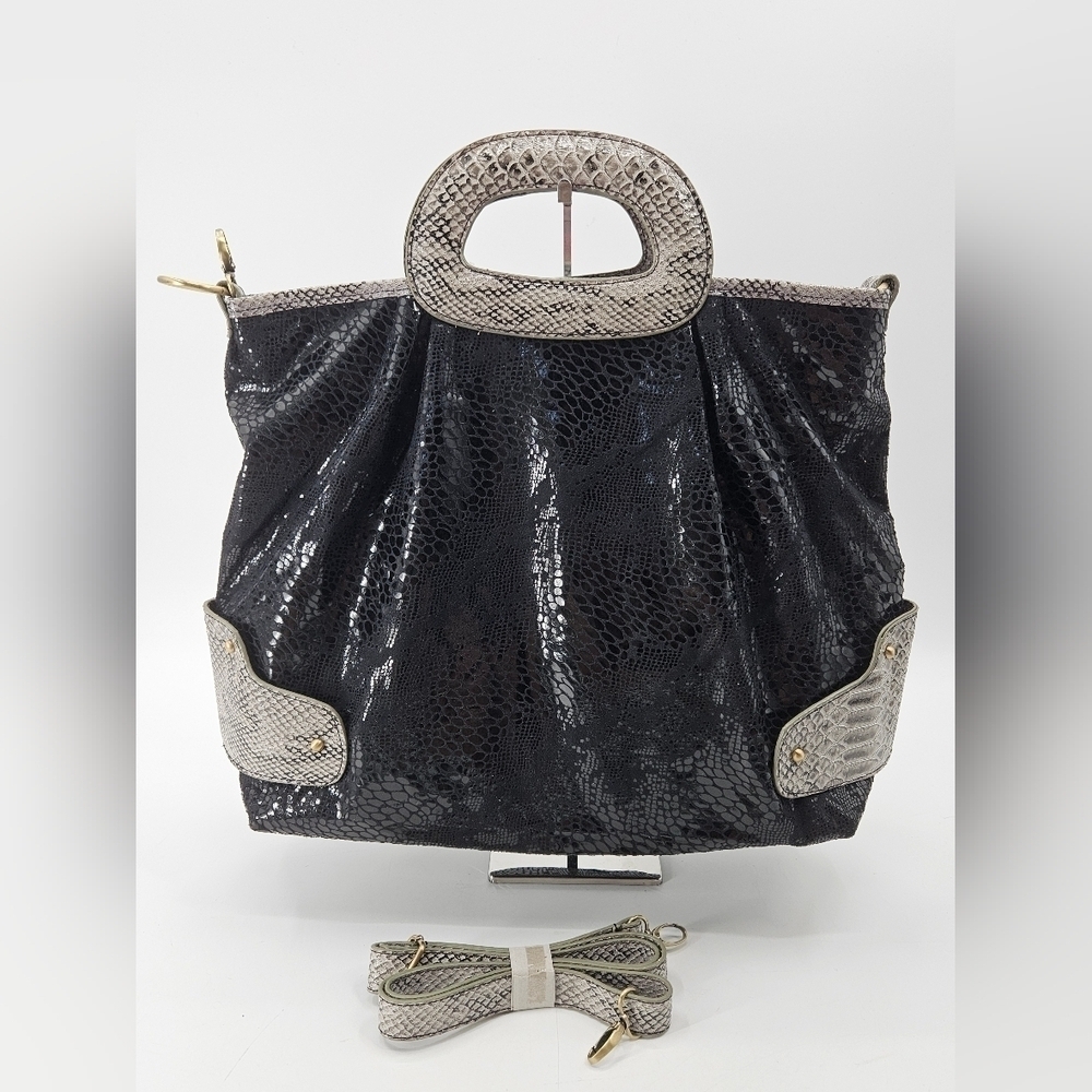 FAR Nine BLACK PYTHON Shimmer Sack Bag GRAY Snake Accents Purse Crossbody